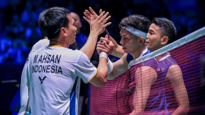 Fajar/Rian dan Ahsan/Hendra usai laga final All England 2023 lalu. Berikut hasil badminton Japan Open 2023 hari ini, Jumat (28/7/2023). Fajar/Rian menangi perang saudara vs Daddies. Cek live score.
