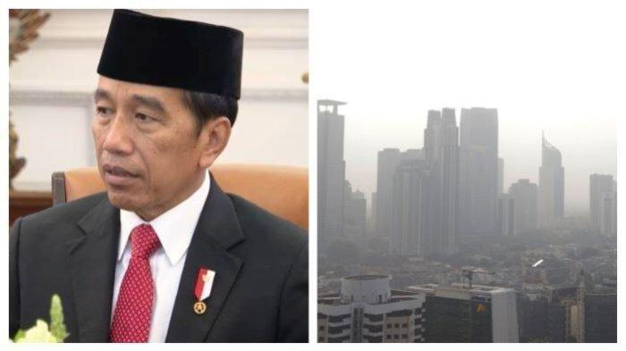 Kolase foto Presiden Jokowi, suasana gedung-gedung bertingkat yang tertutup oleh kabut polusi di kawasan Rasuna Said. Orang nomor satu di Indonesia turut terdakpak polusi udara yang kian memburuk di Jabodetabek, Presiden Jokowi alami batuk hingga satu bulan.