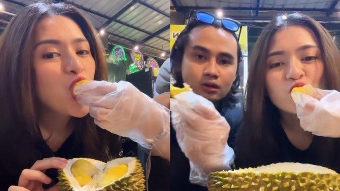 Kolase Nathalie Holscher dan Yogi Ilham makan durian di Pekanbaru, melansir Instagram @nathalieholscher, Minggu (20/8/2023).