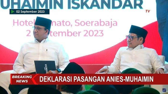 Deklarasi capres Anies Baswedan dan cawapres Muhaimin Iskandar alias Cak Imin di Hotel Majapahit, Surabaya, Jawa Timur, Sabtu (2/9/2023).
Deklarasi capres Anies Baswedan dan cawapres Muhaimin Iskandar alias Cak Imin di Hotel Majapahit, Surabaya, Jawa Timur, Sabtu (2/9/2023).