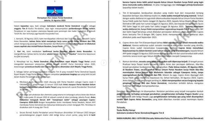 Pernyataan Demokrat atas kekecewaannya kepada Koalisi Perubahan untuk Persatuan. Sekretaris Jenderal Partai Demokrat Teuku Riefky Harsya dalam unggahannya di akun media sosial Instagram resmi Partai Demokrat, @pdemokrat, Kamis, 31 Agustus 2023.