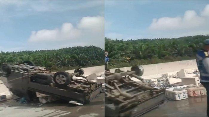 Kondisi TKP ketika pickup pengangkut ikan terbalik di Jalan Tol Balsam KM 60, Rabu (13/9/2023).