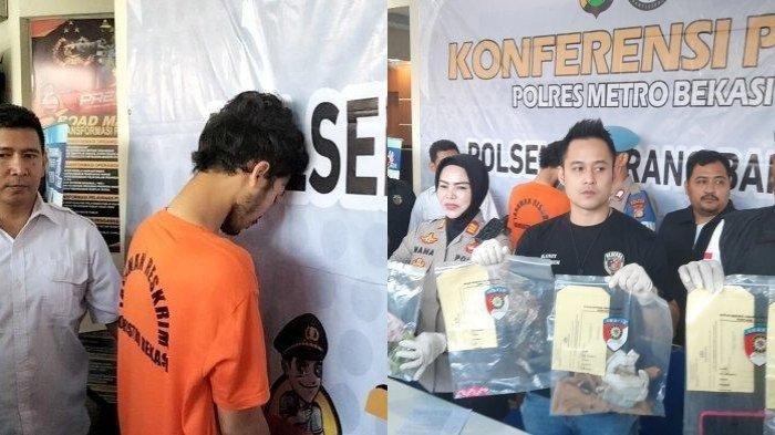 N (25), pelaku pembunuhan terhadap istri, M (24), di Kecamatan Cikarang Barat, Kabupaten Bekasi, Jawa Barat (kiri), dan polisi saat menunjukkan barang bukti kasus suami bunuh istri di Bekasi (kanan).