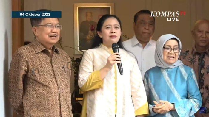 Ketua DPP PDIP, Puan Maharani, mendatangi kediaman Jusuf Kalla atau JK di Jalan Brawijaya Raya, Jakarta Selatan pada Rabu (4/10/2023) siang - Wakil Presiden ke-10 dan ke-12 Jusuf Kalla ungkap isi pertemuannya dengan Ketua DPP PDIP Puan Maharani.