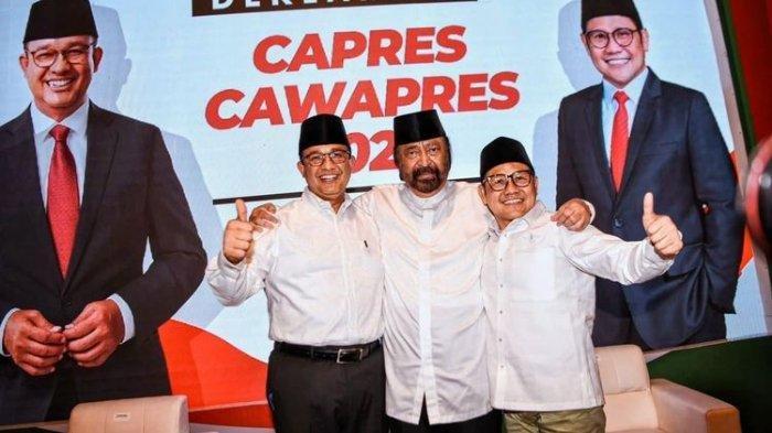 Bacapres Koalisi Perubahan, Anies Baswedan; Ketua Umum NasDem, Surya Paloh; dan Ketua Umum PKB, Muhaimin Iskandar (Cak Imin); saat Deklarasi Capres Anies Baswedan-Cawapres Muhaimin Iskandar di Hotel Majapahit, Surabaya, Jawa Timur, Sabtu (2/9/2023) - Surya Paloh mengungkapkan bahwa dua kasus korupsi yang menjerat kader NasDem bakal mempengaruhi elektabilitas pasangan Anies Baswedan dan Cak Imin.