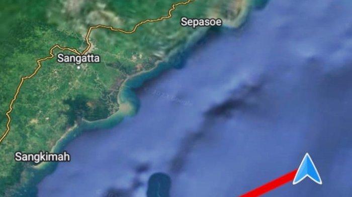 Ilustrasi titik lokasi hilangnya nelayan Bontang, terombang-ambing di lautan lepas. Tiga orang nelayan Bontang nyaris meregang nyawa di perairan Sangatta, setelah perahunya ditabrak kapal tanker batu bara, pada Kamis dini hari lalu.