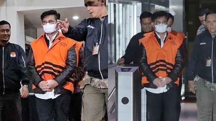 Eks Menteri Pertahanan Syahrul Yasin Limpo berjalan menuju ruang konferensi pers gedung Komisi Pemberantasan Korupsi, Jakarta Selatan, Jumat (13/10/2023).