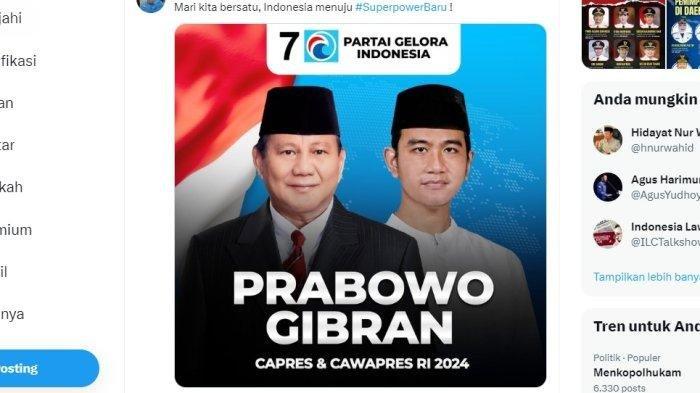 CAWAPRES PRABOWO - Wakil Ketua Umum Partai Gelombang Rakyat Indonesia (Gelora) Fahri Hamzah mengisyarakatkan bahwa cawapres pendamping Prabowo Subianto adalah Gibran Rakabuming Raka, yang merupakan putra Presiden Jokowi dan menjabat Wali Kota Solo saat ini. Hal iru tampak dari postingan akun X nya berupa foro Prabowo dan Gibran yang tertulis sebagai capres-cawapres RI 2024. Terjawab sudah kapan pengumuman cawapres Prabowo? begini prediksi Wakil Ketua Umum Partai Gelora Fahri Hamzah soal kapan Prabowo umumkan cawapres.
