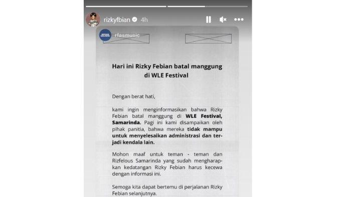 Pernyataan Rizky Febian batal konser di Samarinda hari ini.