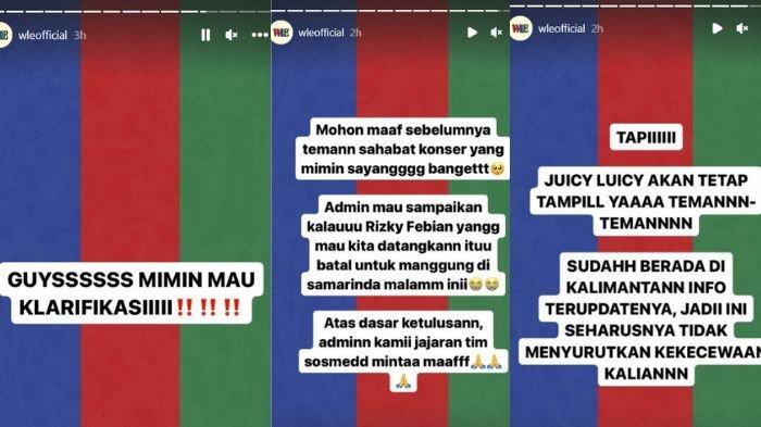 Story Instagram penyelenggara konser Samarinda hari ini, Waktunya Lo Event, klarifikasi batalnya Rizky Febian tampil.