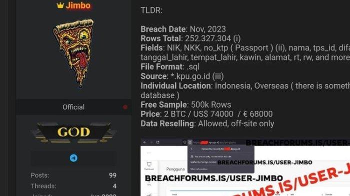Tangkapan layar peretas Jimbo diduga mencuri data KPU dan menjualnya di BreachForums.