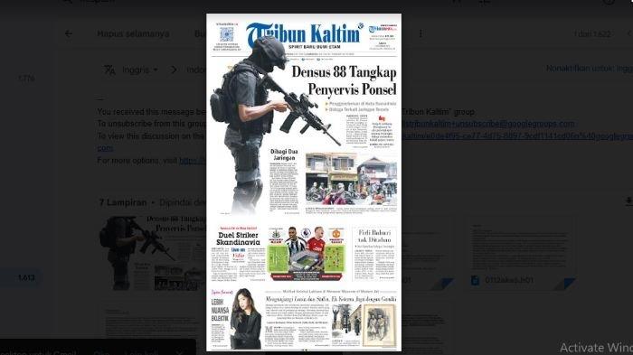 Head Line Tribun Kaltim 2 Desember 2023 - Detasemen Khusus Antiteror 88 (Densus 88) Polri menangkap seorang pria yang diduga terlibat jaringan terorisme di Kota Samarinda, Provinsi Kaltim, Jumat (1/12).