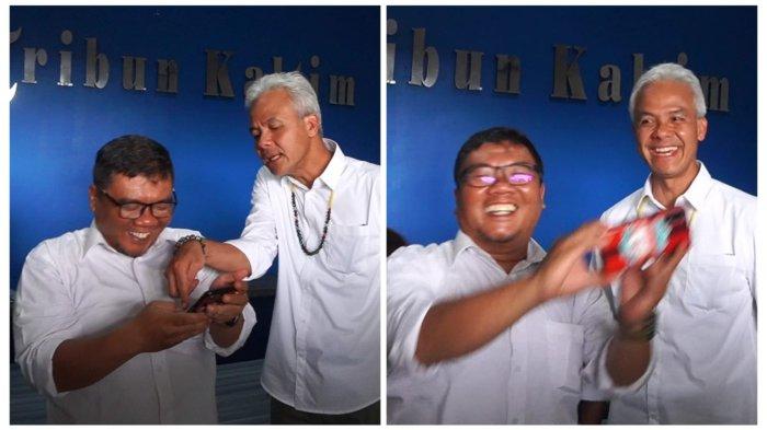 Capres 2024 Ganjar Pranowo, mengajari Januar Alami Jaya, salah satu redaktur video online Tribun Kaltim mengenai cara foto selfie yang benar di kantor Tribun Kaltim di Kota Balikpapan, Kalimantan Timur pada Kamis (7/12/2023) sore.