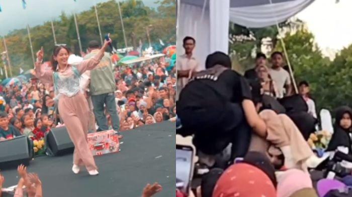 Beredar video viral Putri Isnari dikenal dengan Putri DA pingsan di panggung saat tampil acara kampanye Prabowo-Gibran di Lapangan Pematang Baih, Rokan Hulu, Riau.