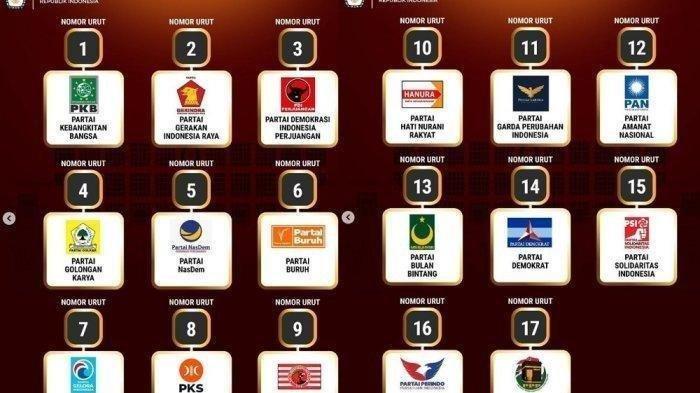 Berikut 17 parpol nasional peserta pemilu 2024 beserta nomor urutnya yang terlah diresmikan oleh KPU pada Rabu (14/12/2022).