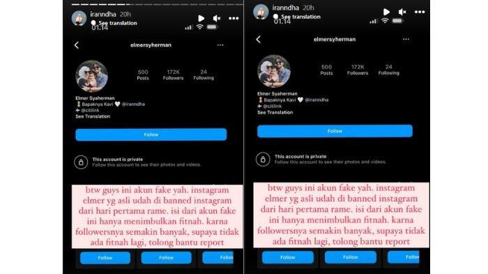 Ira Nandha minta warganet report akun IG palsu Elmer di story Instagramnya.
