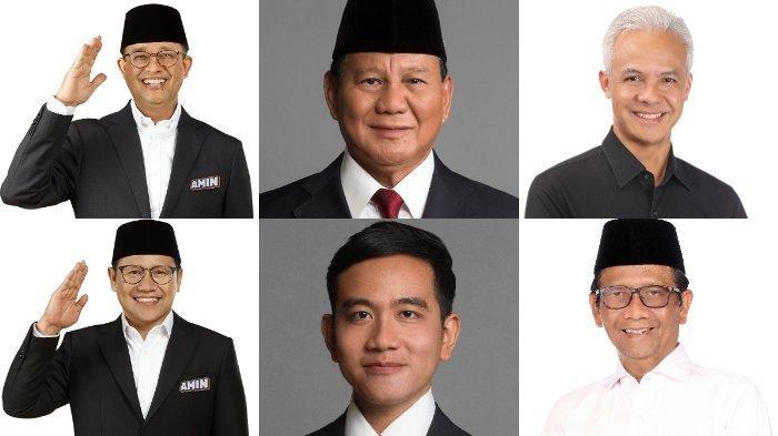 Capres cawapres peserta Pilpres 2024: Anies Baswedan-Muhaimin Iskandar, Prabowo Subianto-Gibran Rakabuming Raka, dan Ganjar Pranowo-Mahfud MD.