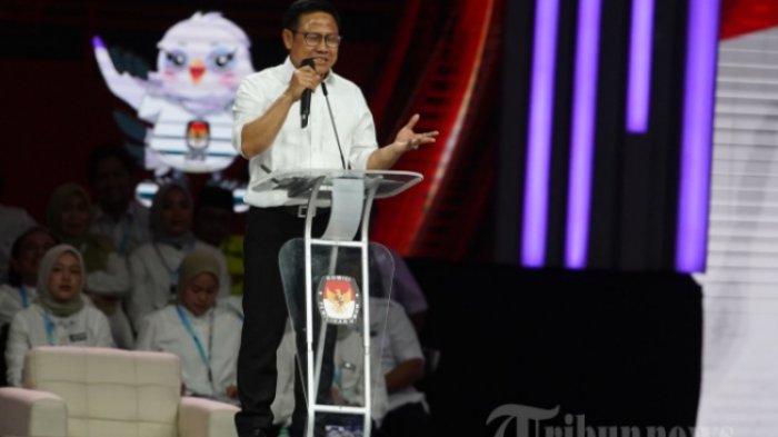 TOBAT EKOLOGIS - Cawapres 01, Muhaimin Iskandar di debat cawapres, Minggu (21/1/2024). Cawapres Anies Baswedan yang biasa disapa Cak Imin menyebut tobat ekologis dalam pernyataan penutupnya di debat cawapres, Minggu (21/1/2024).