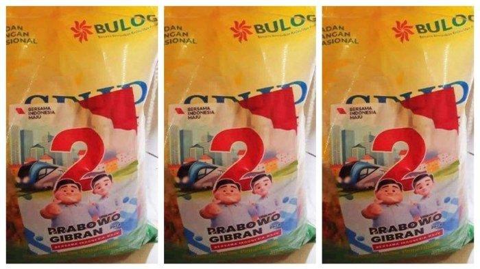 BANSOS BERSTIKER - Foto beras bansos berstiker pasangan capres cawapres Prabowo - Gibran yang beredar di medsos
