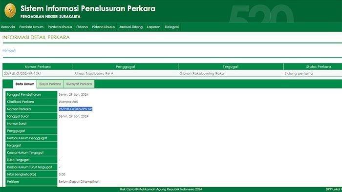 Tangkapan layar sistem SIPP Pengadilan Negeri Solo tentang surat gugatan dengan penggugat Almas Tsaqibbiru dan tergugat Gibran Rakabuming Raka soal Wanprestasi.