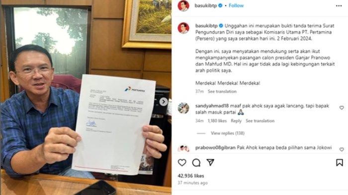 AHOK MUNDUR - Basuki Tjahaja Purnama alias Ahok mengunggah foto surat pengunduran dirinya sebagai Komisaris Utama Pertamina.