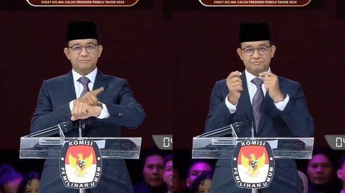BAHASA ISYARAT - Capres 01, Anies Baswedan menyisipkan bahasa isyarat dalam penyampaian visi misi dalam pembukaan debat capres Pilpres 2024, Minggu (4/2/2024). Viral di medsos momen Anies menggunakan bahasa isyarat yang diperagakan Anies dalam pembukaan debat kelima capres 2024. Simak artinya