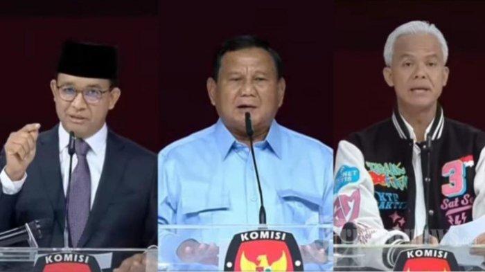 SURVEI CAPRES - Calon presiden dan calon wakil presiden Anies Baswedan, Prabowo Subianto, Ganjar Pranowo saat memaparkan Visi Misi dan Program Kerja dalam Debat kelima atau terakhir Pilpres 2024 di Jakarta Convention Center (JCC), Senayan, Jakarta Pusat. Minggu (4 Februari 2024). 