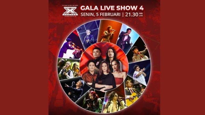 X Factor Indonesia 2024 Season 4 Gala Live Show 4 berlangsung malam ini. Berikut jam tayang, tema lagu yang dibawakan. Vidi Aldiano absen.