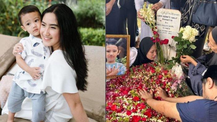 Tamara Tyasmara bersama anaknya Dante (kiri). Anaknya meninggal dunia diduga tenggelam di kolam renang Taman Air Tirtamas Pondok Kelapa, Duren Sawit, Jakarta Timur, 27 Januari 2024.