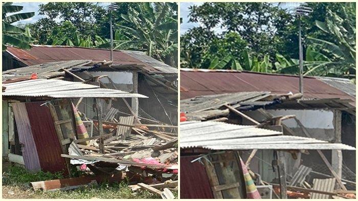 PEMBONGKARAN RUMAH JUNAEDI - Satu unit eksavator dikerahkan untuk meratakan rumah yang ditinggali pelaku pembunuhan di Desa Babulu Laut, Kabupaten Penajam Paser Utara, Kalimantan Timur, Sabtu (10/2/2024). Kepala Desa Babulu Laut, H. Ismail Subli, menjelaskan, alasan pembongkaran karena permintaan warga dan ada kesepakatan dari keluarga pelaku dan korban.