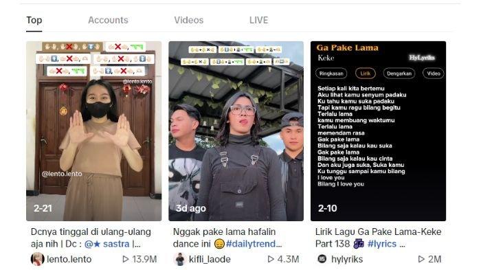 Konten yang menggunakan sound Gak Pake Lama - Manda Cello versi DJ.
