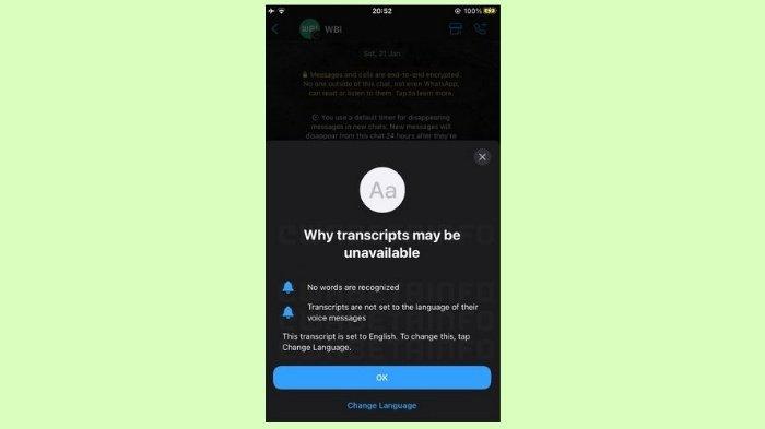 Tangkapan jendela pop-up WhatsApp di iOS berisi informasi fitur Voice Message Transcript atau transkrip pesan suara. 
Aplikasi pesan instan milik Meta, WhatsApp bakal punya fitur transkrip pesan suara di HP Android. 

Bakal seperti apa fitur baru WhatsApp, transkrip pesan suara atau Voice Message Transcripts yang bakal hadir di HP Android ini?