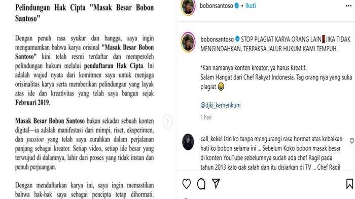 MASAK BESAR BOBON - Food vlogger Bobon Santoso resmi mendaftarkan hak cipta atas karyanya yang dikenal dengan 