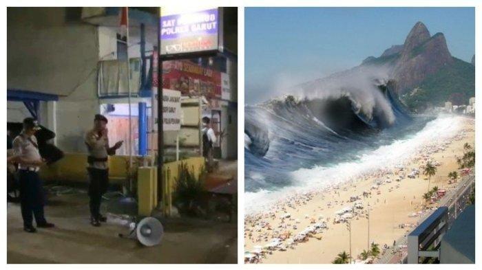 Anggota Polairud dan relawan turun ke jalan imbau warga pantai selatan Kabupaten Garut agar tidak panik usai terjadi gempa 6.5 magnitudo, Sabtu (27/4/2024) malam dan ilustrasi tsunami