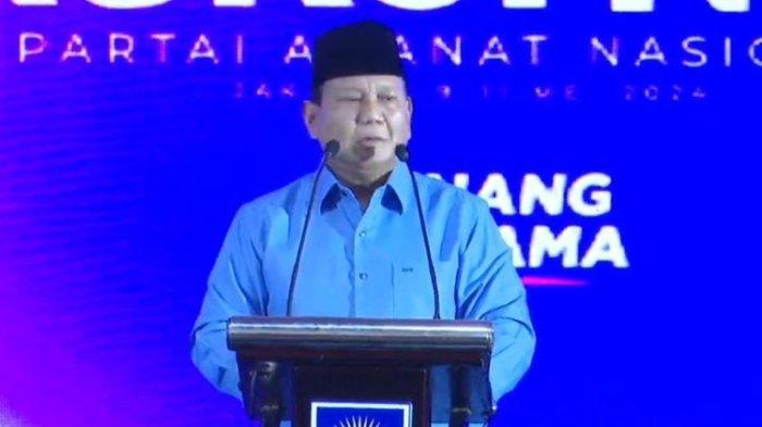 Presiden terpilih 2024-2029 Prabowo Subianto di bimtek dan rakornas pilkada PAN.