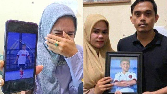 DUGAAN POLISI ANIAYA AFIF MAULANA  - Afrinaldi (36, kanan) dan Anggun (32) berfoto dengan potret almarhum putra sulung mereka yang masih duduk di bangku SMP, AM (13), di Kantor LBH Padang, Kota Padang, Sumatera Barat, Kamis (20/6/2024). Kasus dugaan polisi aniaya Afif Maulana seorang siswa SMP hingga tewas. Kini Polda Sumbar disebut intimidatif hingga trending x dan medsos.