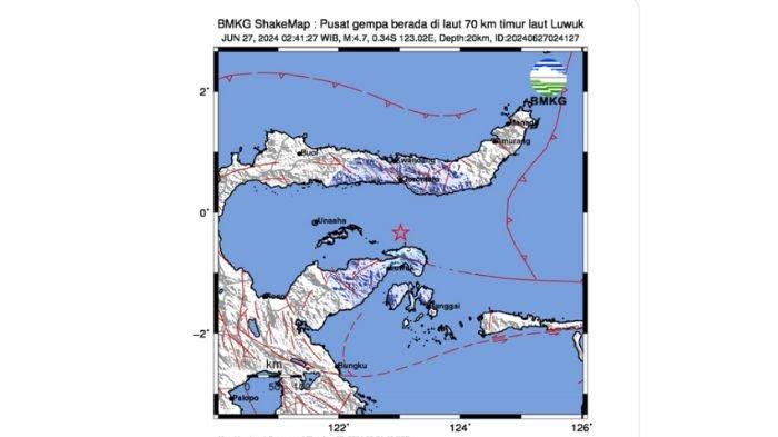 INFO BMKG - Gempa bumi barusan terjadi di timur laut Luwuk magnitudo 4.7.