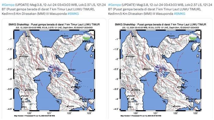 GEMPA LUWU TIMUR - Baru saja gempa magnitudo 4.2 hantam wilayah Luwu Timur, Sulawesi Selatan (Sulsel), Jumat (7/3/2025). BMKG sebut pusat gempa terkini 2 menit yang lalu di daratan 10 Km Luwu Timur.
