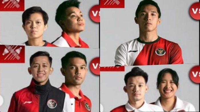 OLIMPIADE 2024 PARIS - Dari kiri ke kanan: Apri/Fadia, Jojo, Fajar/Rian dan Rinov/Pitha yang akan melakoni laga pertama di Olimpiade 2024 Paris. Jadwal badminton Olimpiade 2024 Paris hari ini, Sabtu (27/7/2024). Cek link live streaming dan live score.