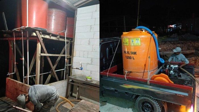 WARGA SEPAKU BELI AIR - Deretan tandon di salah satu rumah warga dan warga yang harus beli air bersih karena jaringan air PDAM belum sampai di Sepaku, wilayah terdekat di IKN Kaltim. Foto diambil Sabtu (27/7/2024).