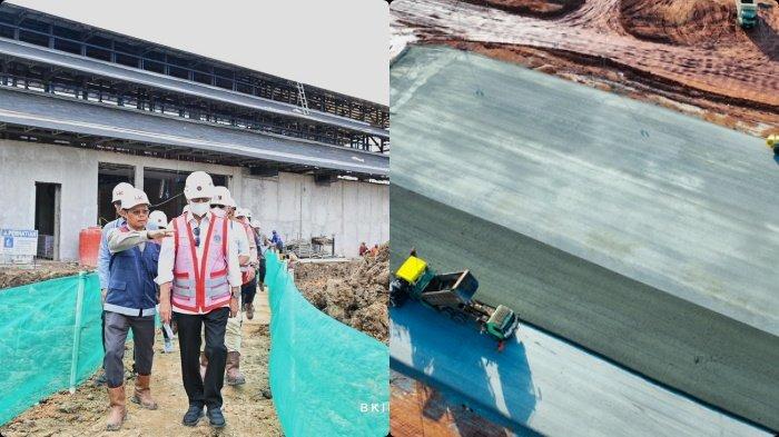BANDARA VVIP IKN KALTIM - Menteri Perhubungan Budi Karya Sumadi saat meninjau lokasi pembangunan Bandara VVIP Ibu Kota Nusantara (IKN), Sabtu (13/7/2024) lalu. Kanan: Pengaspalan perdana Bandara VVIP IKN atau Nusantara Airport. Menhub sebut Bandara VVIP IKN Kaltim tak siap untuk Upacara HUT RI 17 Agustus 2924. Skenario penggunaan Bandara SAMS Sepinggan jadi alternatif