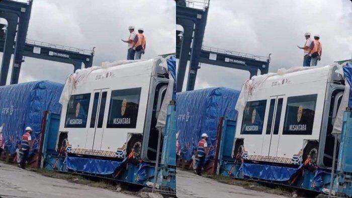 KERETA ART IKN - Penampakan gerbong kereta tanpa rel atau Autonomous Rail Transit (ART) saat pembongkaran di Pelabuhan Kariangau, Balikpapan, Provinsi Kalimantan Timur.