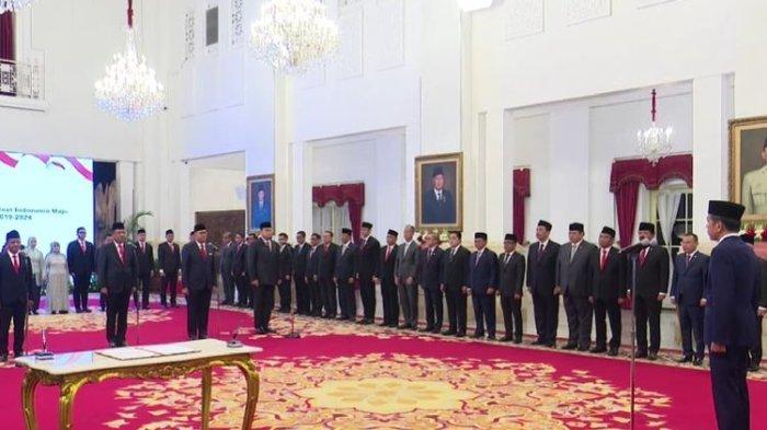 Suasana pelantikan menteri dan wakil menteri Kabinet Indonesia Maju di Istana Negara, Jakarta, Senin (19/8/2024).