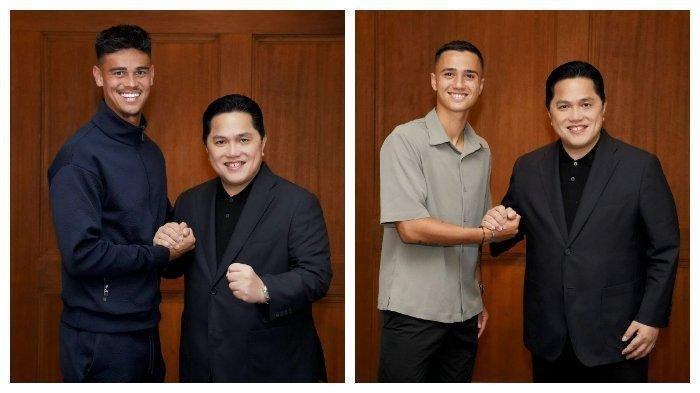 Ketua Umum PSSI, Erick Thohir saat berjabat tangan dengan Mees Hilgers (kanan) dan Eliano Reijnders (kiri) sebagai pemain yang akan dinaturalisasi untuk bisa perkuat Timnas Indonesia. Jika semua beres, saat ketemu Bahrain di Kualifikasi Piala Dunia 2026 keduanya sudah bisa merumput.