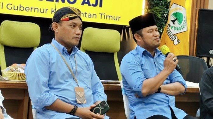 Pasangan Calon Gubernur Kaltim dan Calon Wakil Gubernur Kaltim, Rudy Mas'ud dan Seno Aji saat jumpa pers di Magara Cafe, Jalan Juanda, Samarinda, Kalimantan Timur, Senin (23/9/2024) malam.