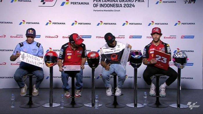 Momen keempat pembalap Ducati melakukan sesi konferensi pers jelang MotoGP Mandalika 2024 di Lombok, Nusa Tenggara Barat (NTB), Kamis (26/9/2024).