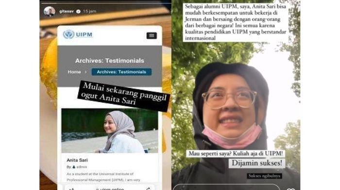 GITA SAVITRI - Testimoni palsu menggunakan wajah Gita Savitri di kampus UIPM yang merupakan universitas yang memberikan gelar kepada Raffi Ahmad.