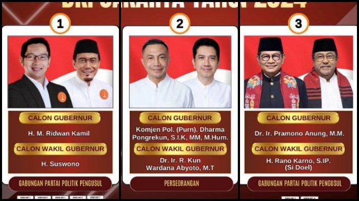 PILKADA JAKARTA 2024 - Tiga paslon Pilkada Jakarta 2024, Ridwan Kamil-Suswono, Dharma Pongrekun-Kun Wardana Abyoto, dan Pramono Anung-Rano Karno. 