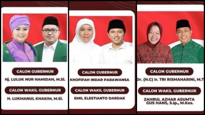 PILKADA JATIM 2024 - Tiga paslon Pilkada Jatim 2024: Luluk Nur Hamidah-Lukmanul Khakim, Khofifah Indar Parawansa-Emil Dardak dan Tri Rismaharini-Zahrul Azhar Asumta Gus Hans. 3 hasil survei Pilkada Jatim 2024 Khofifah unggul. Peluang Risma dan Luluk menaikkan elektabilitas lewat debat.