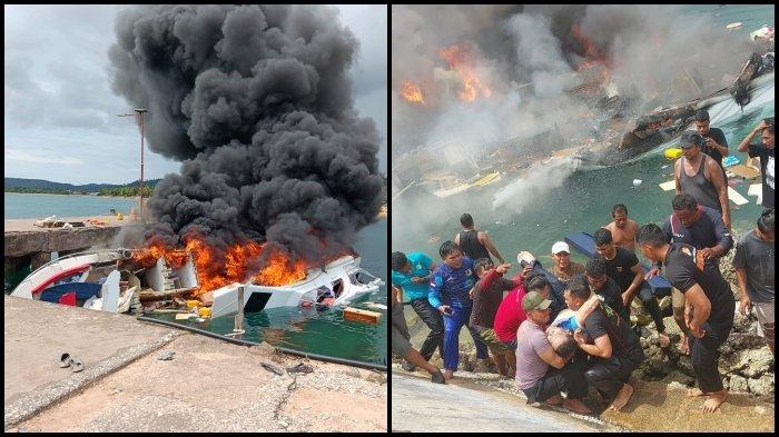 SPEEDBOAT TERBAKAR - Suasana di Pelabuhan Bobong, Pulau Taliabu saat speedboat yang ditumpang Cagub Benny Laos terbakar, Sabtu (12/10/2024).
